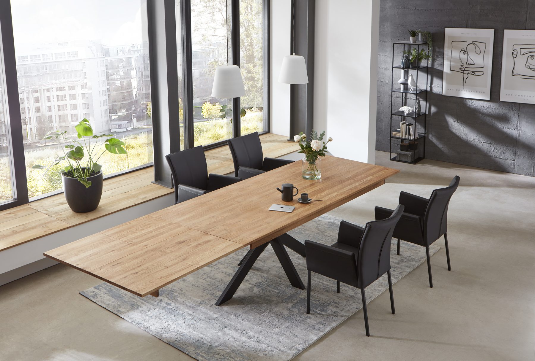 Boston dining table fully extended with leaves added