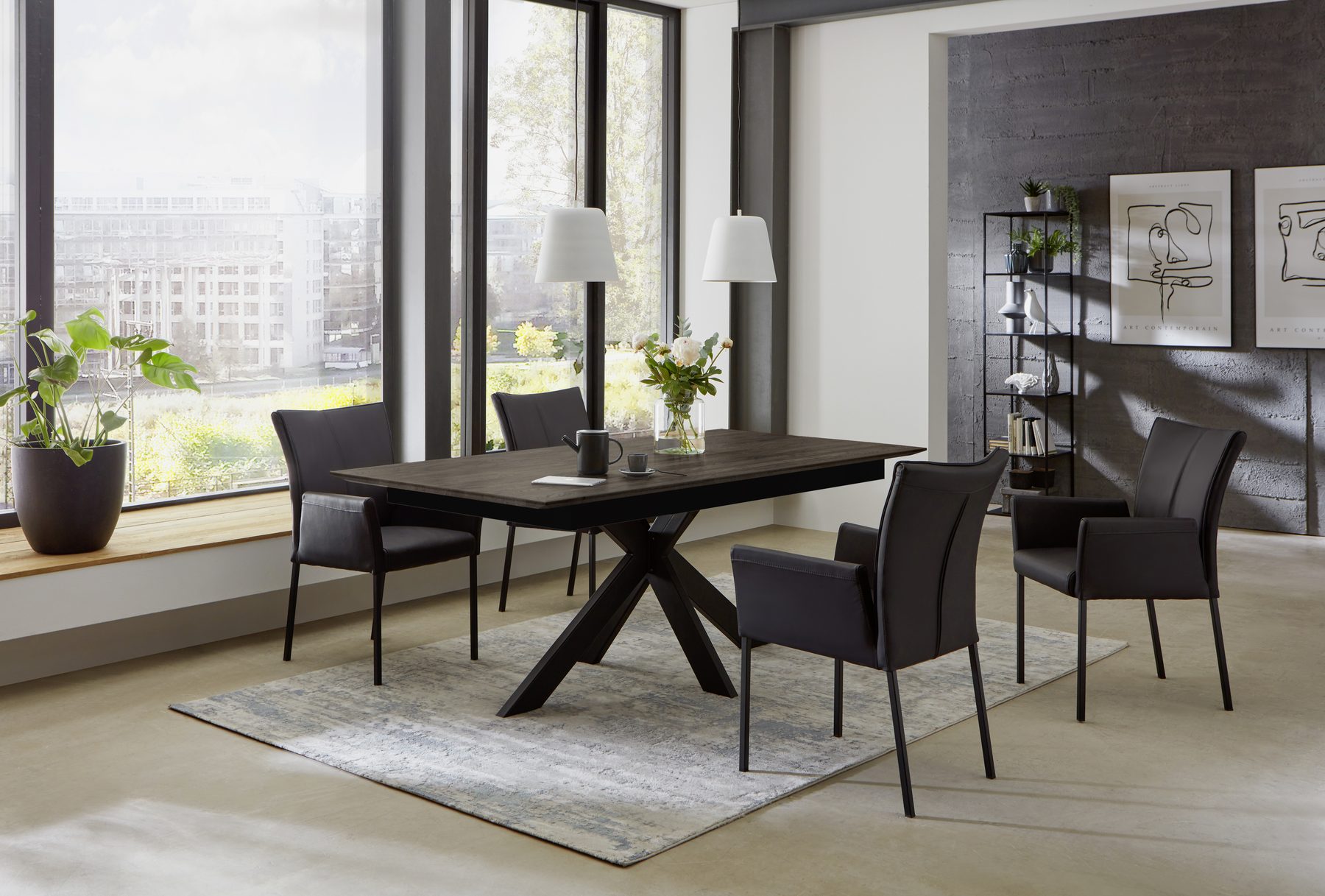 Boston dining table with a dark, black-brown wood top