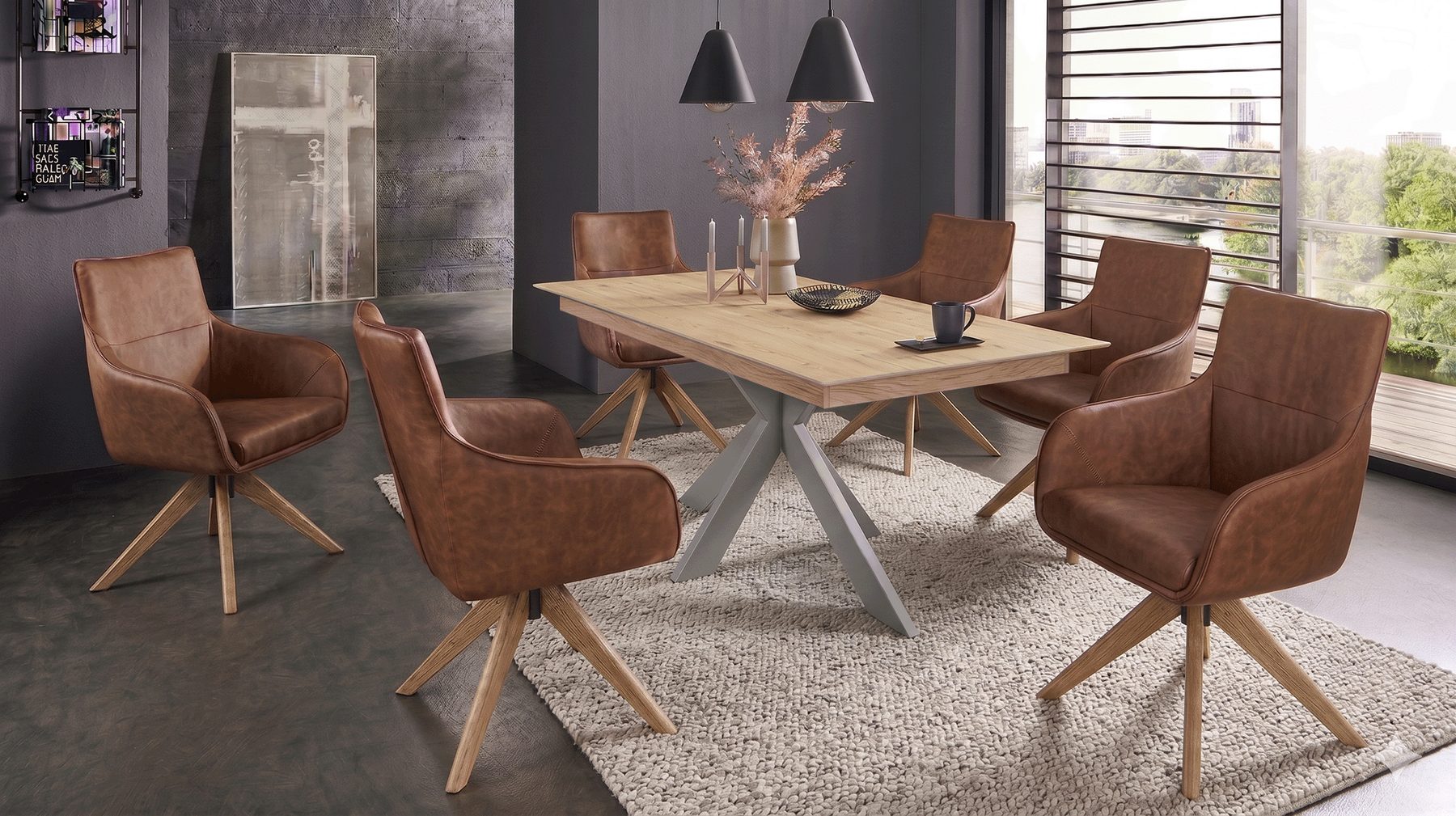 Boston dining table with a light grey (RAL 7036) spider base