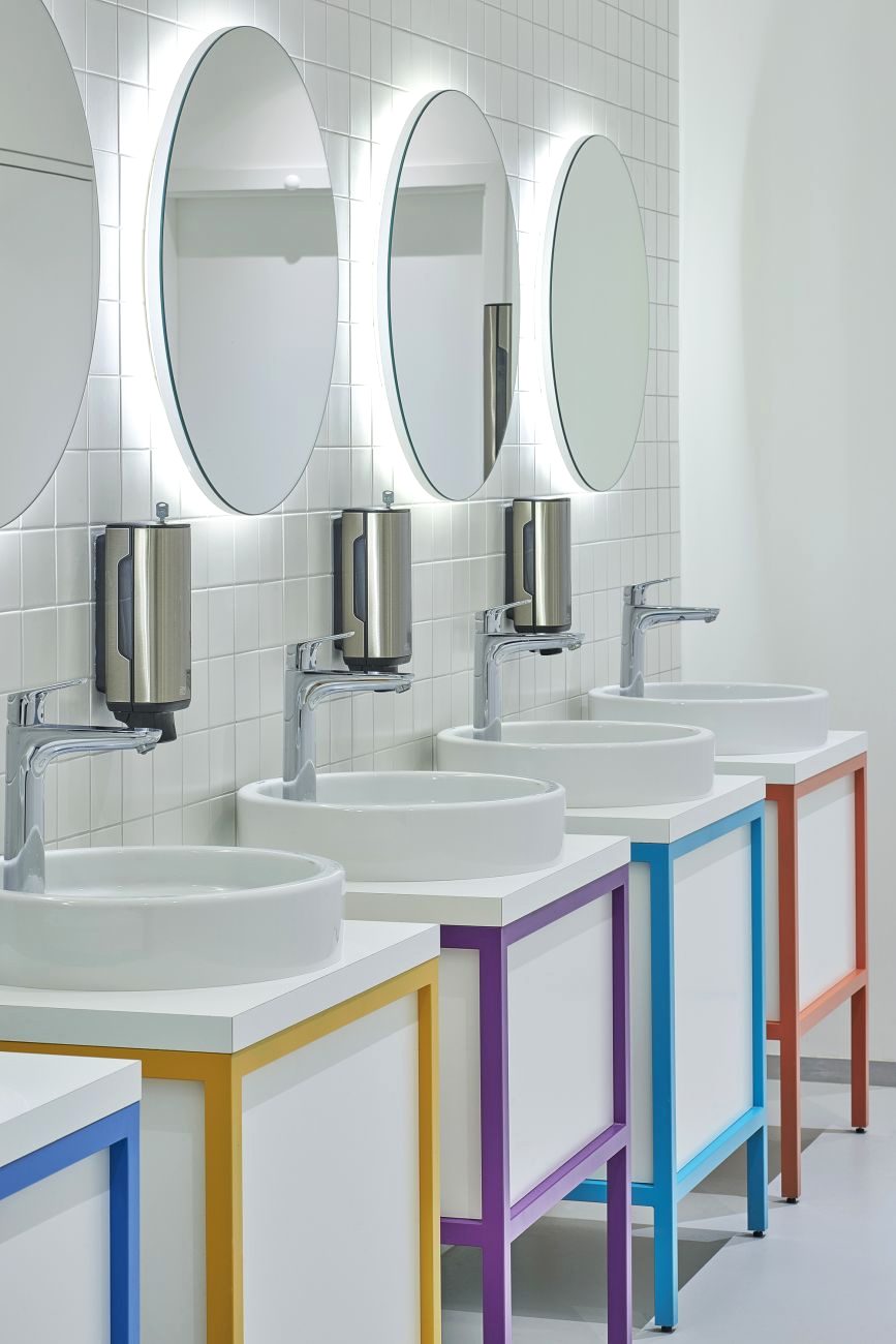 Wix offices — colourful washroom vanities